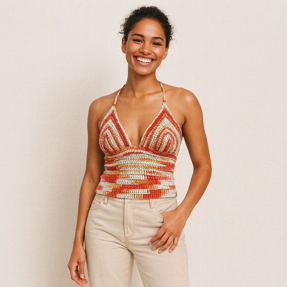 Crochet Halter Top Y2K Festival Boho Striped Knit Backless Summer Top Handmade - Picture 3 of 8